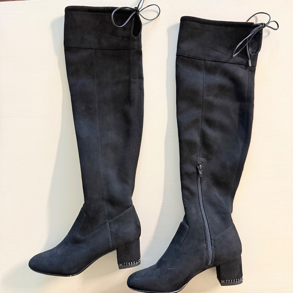 Michael Kors Black Faux Suede Over The Knee Chain Block Heel Boots 7M